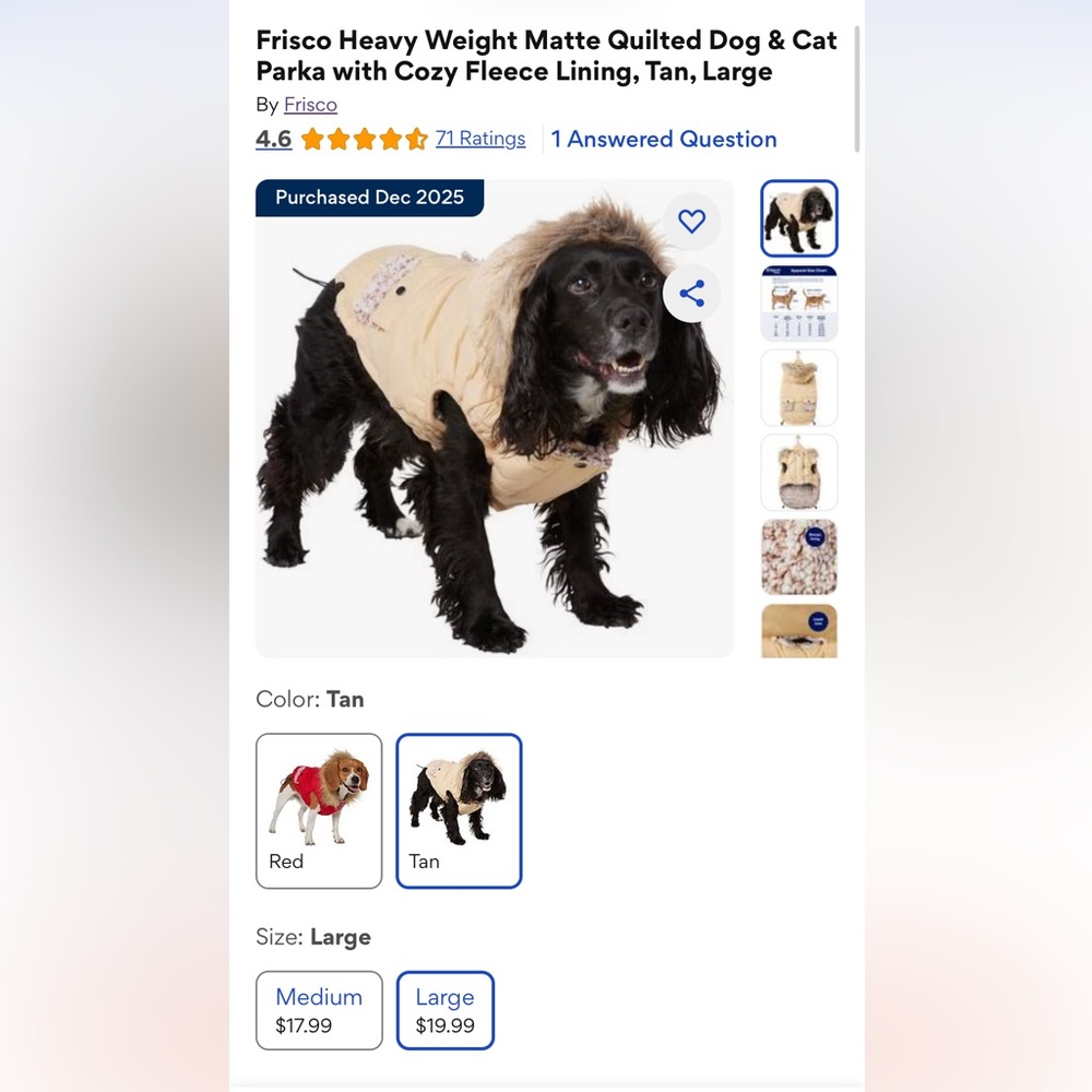 NWT - Dog Parka, Tan, Large